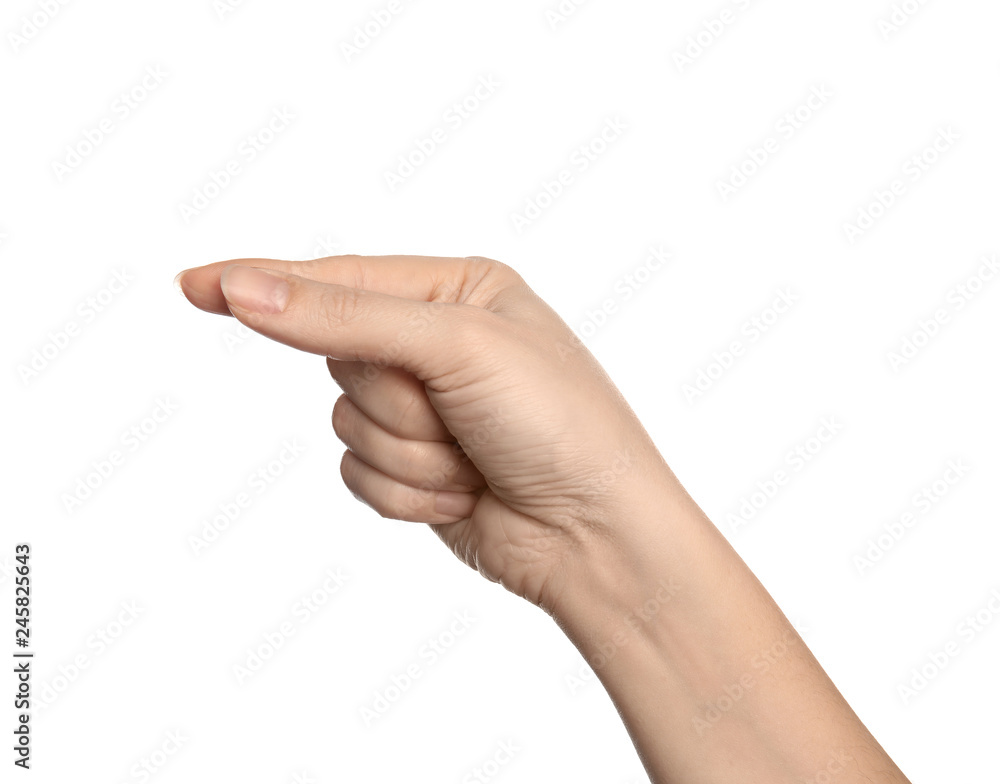 Woman showing G letter on white background, closeup. Sign language Woman showing G letter on white background, closeup. Sign language
