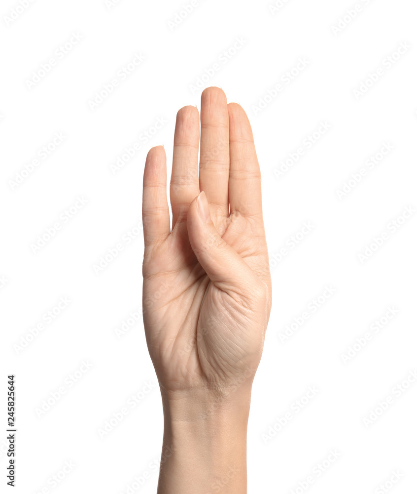 Woman showing B letter on white background, closeup. Sign language Woman showing B letter on white background, closeup. Sign language