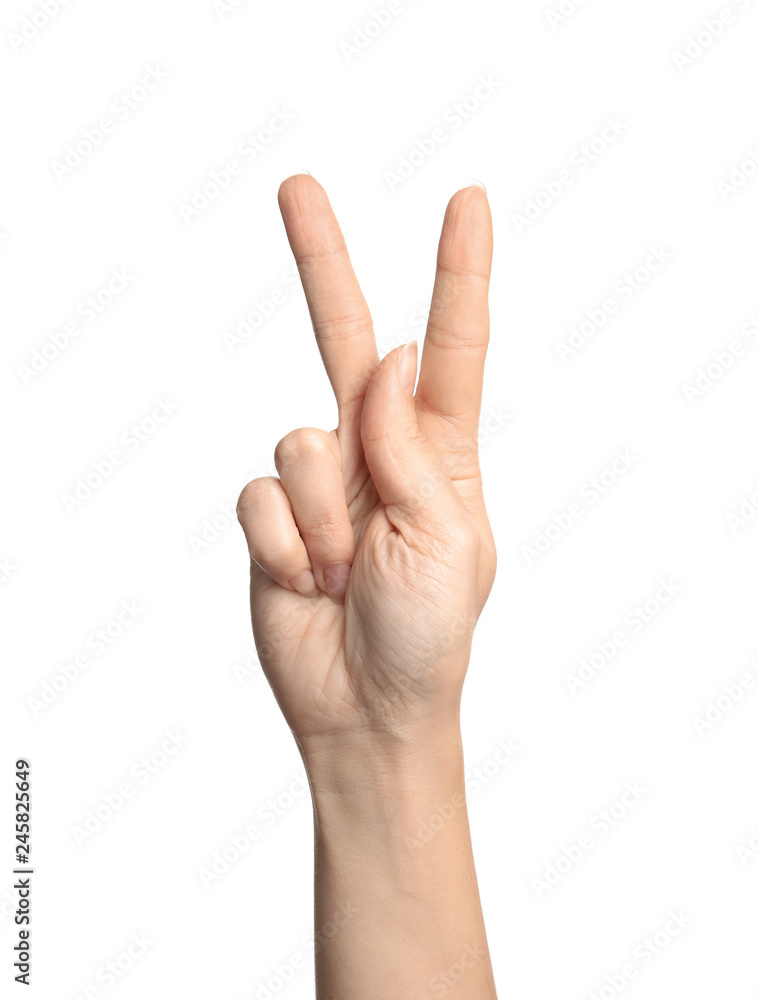 Woman showing K letter on white background, closeup. Sign language Woman showing K letter on white background, closeup. Sign language