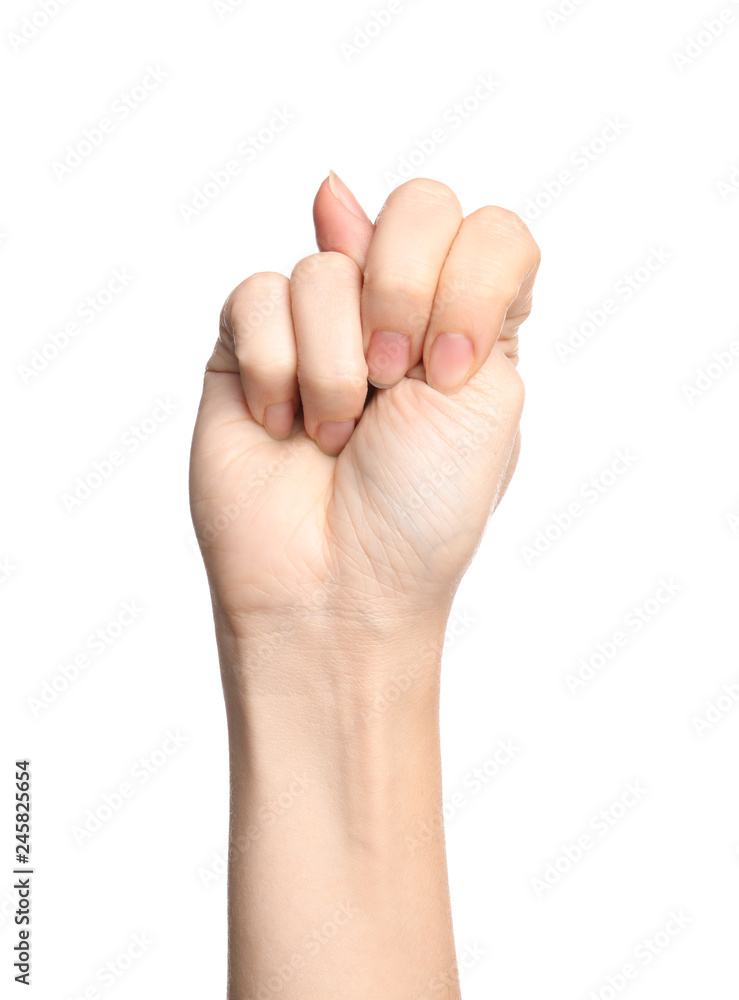 Woman showing N letter on white background, closeup. Sign language Woman showing N letter on white background, closeup. Sign language