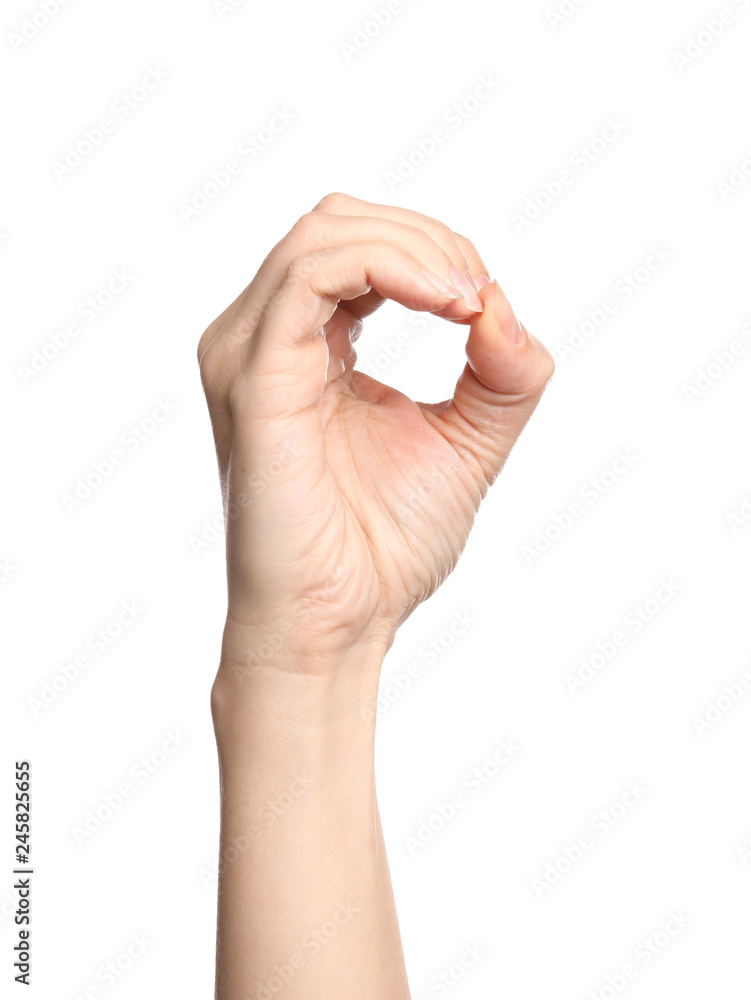 Woman showing O letter on white background, closeup. Sign language Woman showing O letter on white background, closeup. Sign language