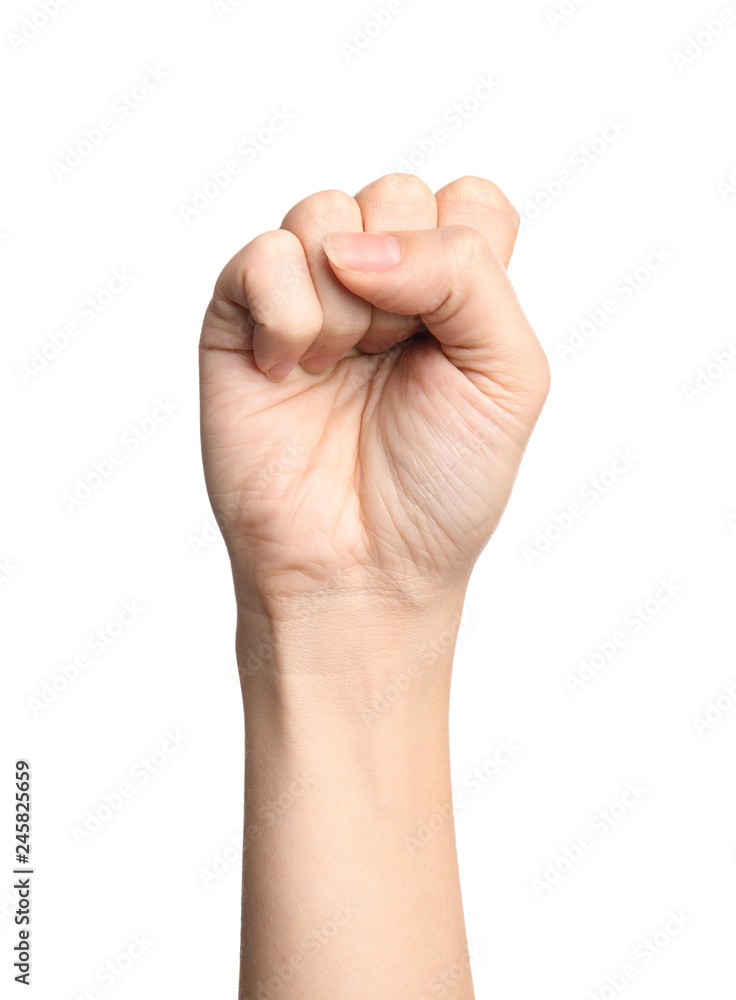 Woman showing S letter on white background, closeup. Sign language Woman showing S letter on white background, closeup. Sign language