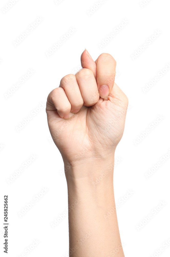 Woman showing T letter on white background, closeup. Sign language Woman showing T letter on white background, closeup. Sign language