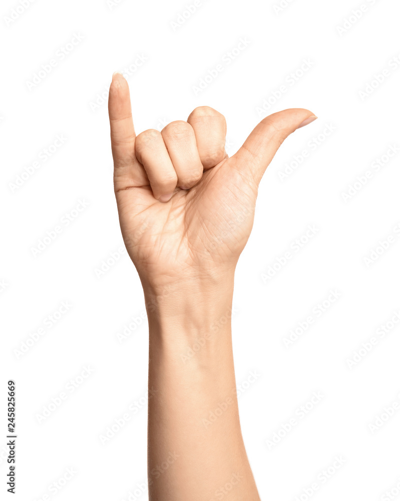 Woman showing Y letter on white background, closeup. Sign language Woman showing Y letter on white background, closeup. Sign language