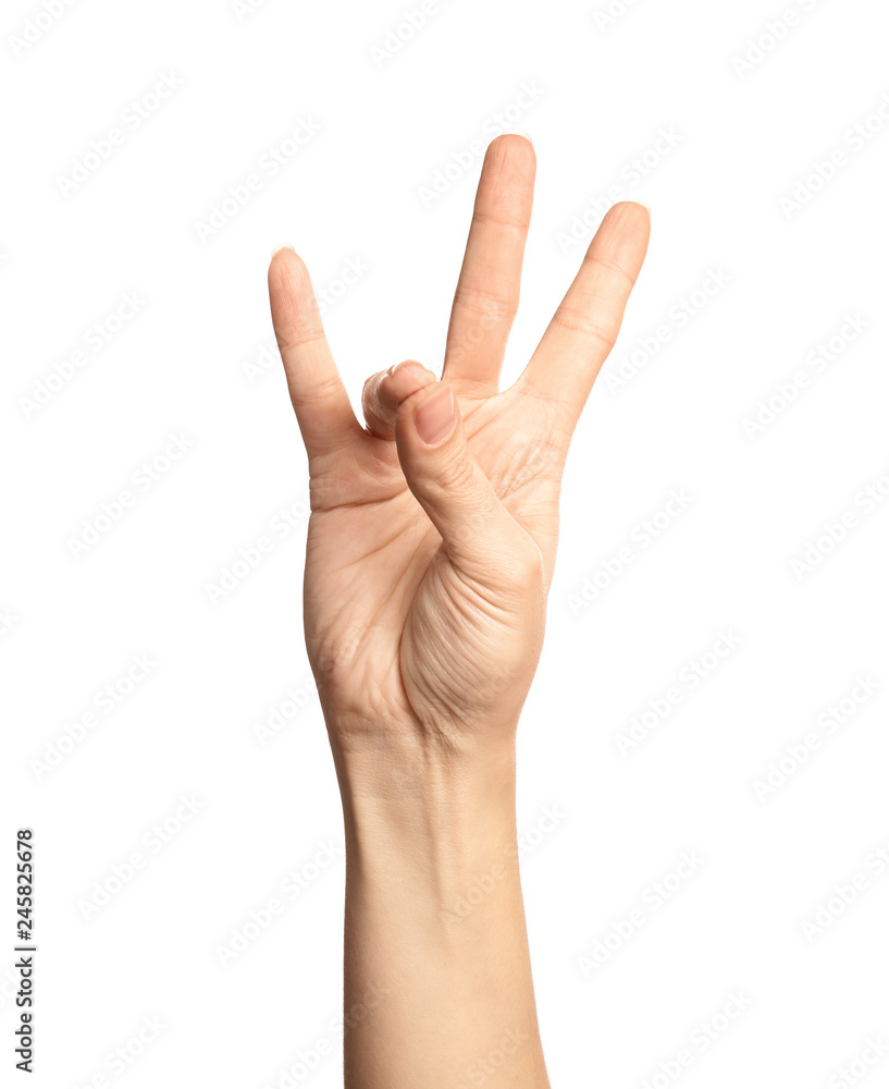 Woman showing number seven on white background, closeup. Sign language Woman showing number seven on white background, closeup. Sign language