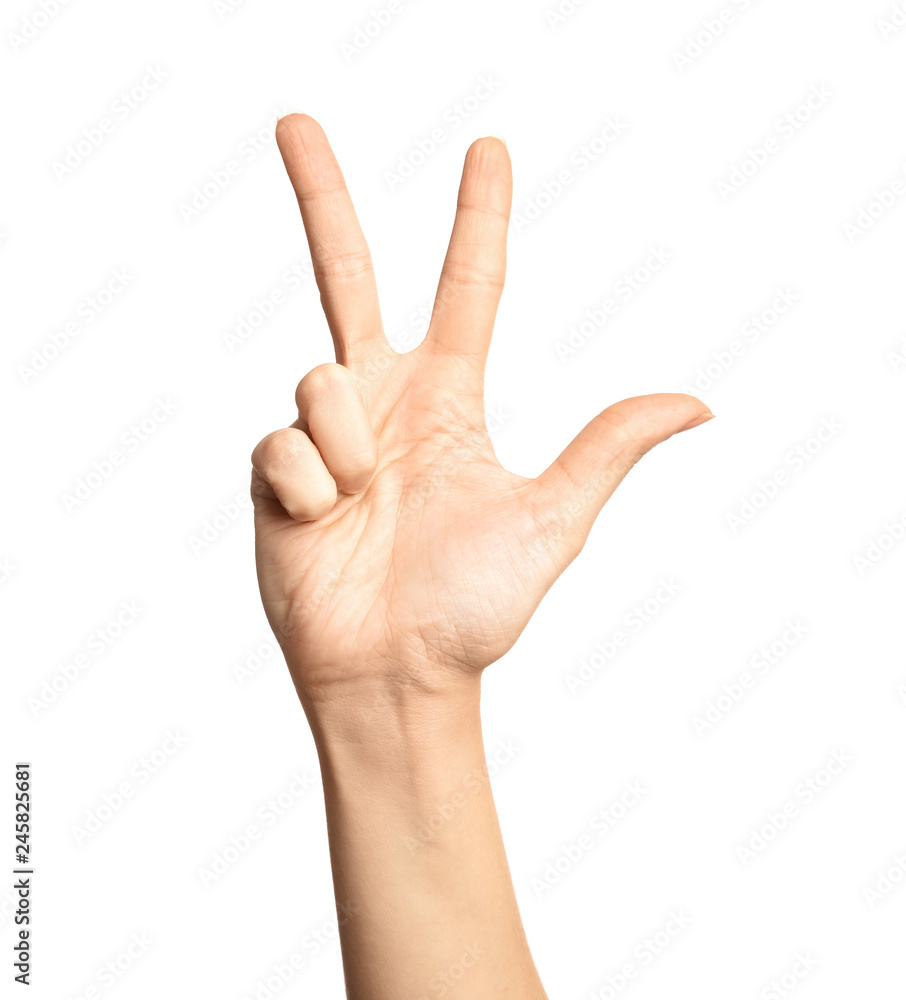 Woman showing number three on white background, closeup. Sign language Woman showing number three on white background, closeup. Sign language
