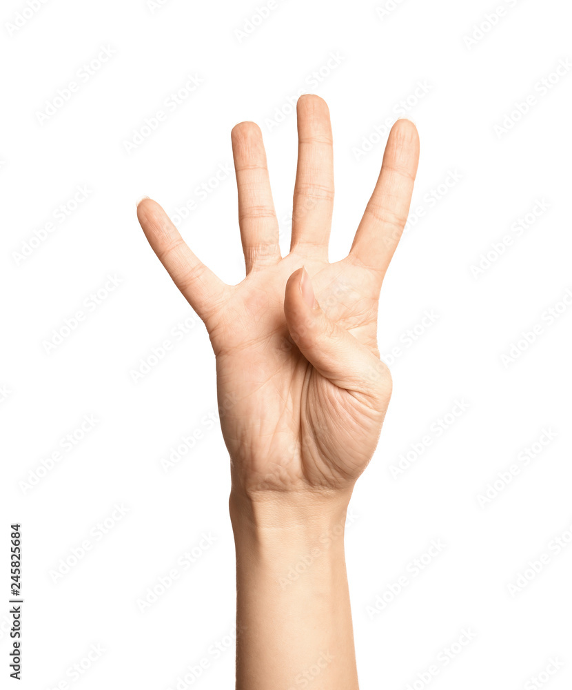 Woman showing number four on white background, closeup. Sign language Woman showing number four on white background, closeup. Sign language