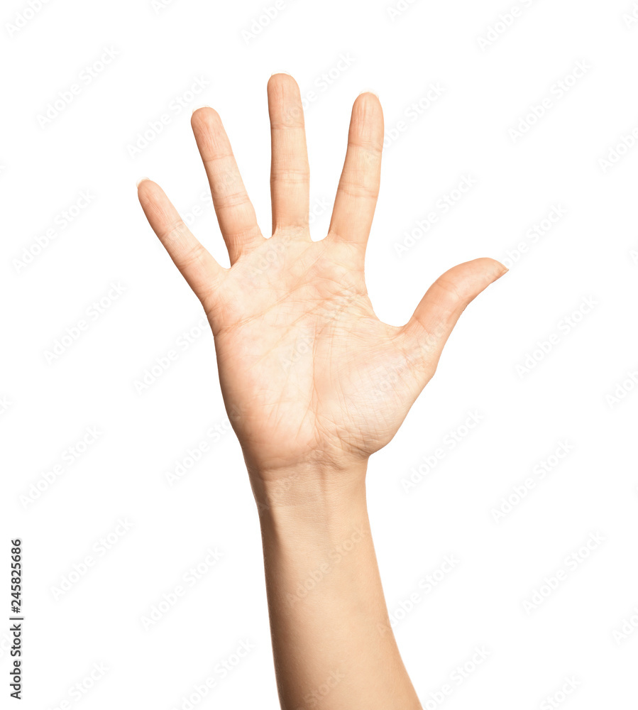 Woman showing number five on white background, closeup. Sign language Woman showing number five on white background, closeup. Sign language