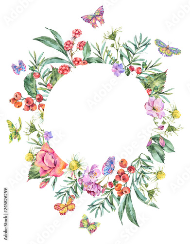 Watercolor Summer Round Frame with Chamomile, Berries, Wildflowers, Blackberry and Butterflies