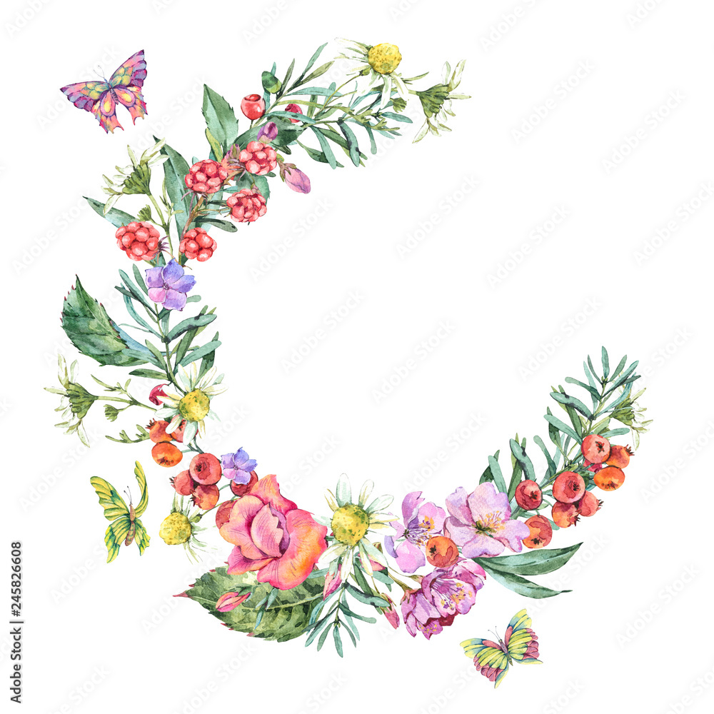 Obraz premium Watercolor Summer Wreath with Chamomile, Berries, Wildflowers