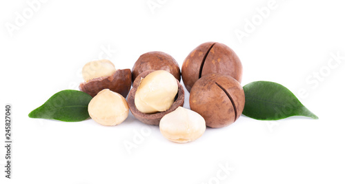 Macadamia nuts with leaves, isolated on white background. Shelled and unshelled macadamia.
