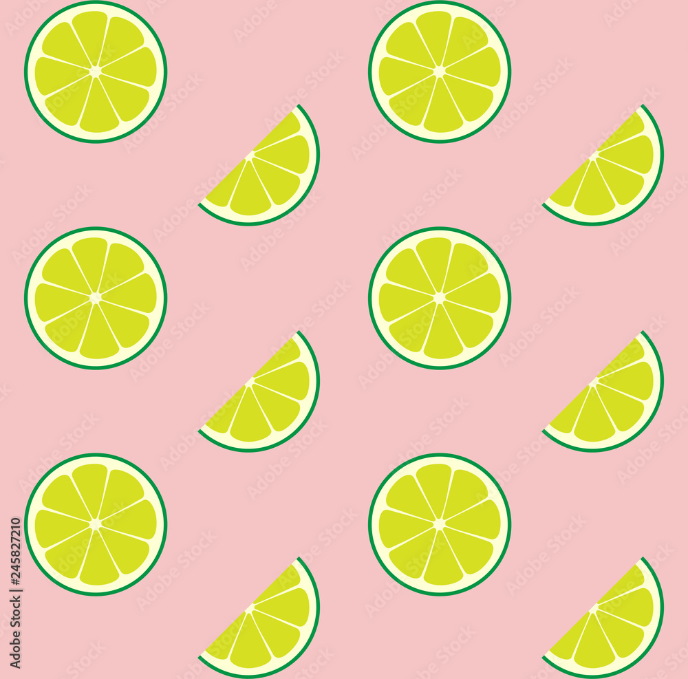 Pink Limeade Seamless Vector Pattern Tile. Green Lime Round Halves and Slices Arranged on Pink Background. Lemonade Stand Summer Picnic Party Decoration. Food Packaging Design. Swatch Included.