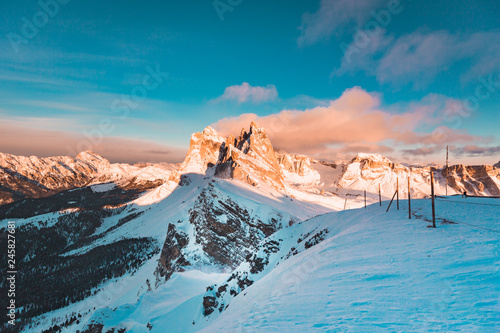 Seceda mountain peaks in the Dolomites at sunset in winter, South Tyrol, Italy