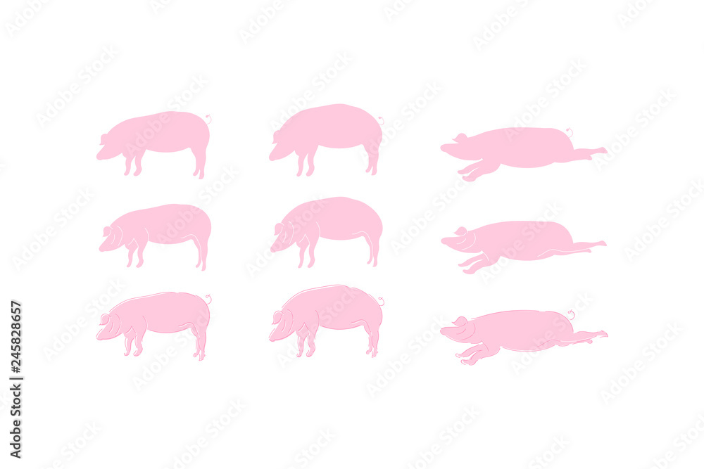 Silhouette Pig Set icons for 2019 year in pink colour isolated on white background. Flat vector background EPS 10 Silhouette Pig Set icons for 2019 year in pink colour isolated on white background. Flat vector background EPS 10