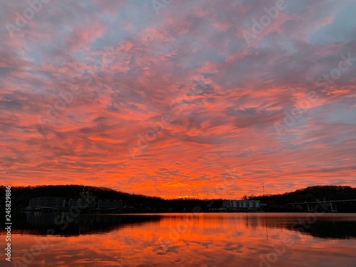 Dramatic sunset over lake 