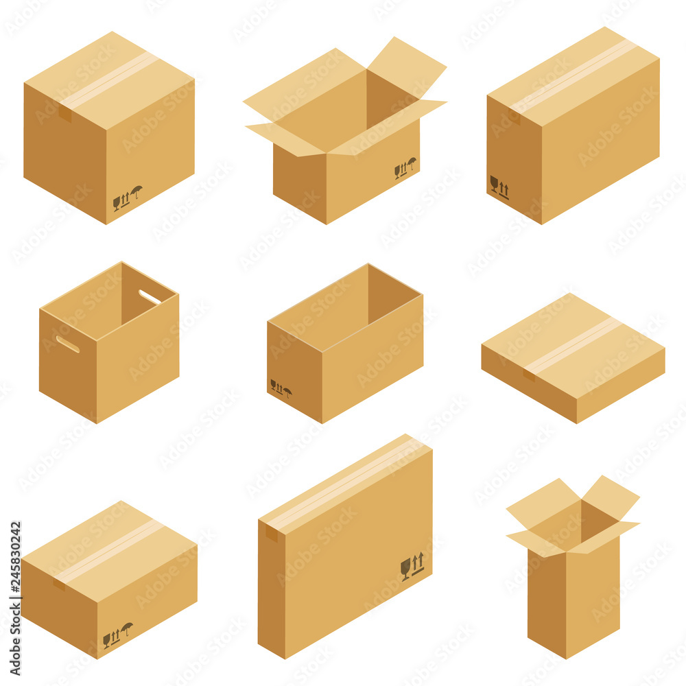 Set of cardboard boxes isolated on white background. Vector carton packaging box images. Set of cardboard boxes isolated on white background. Vector carton packaging box images.