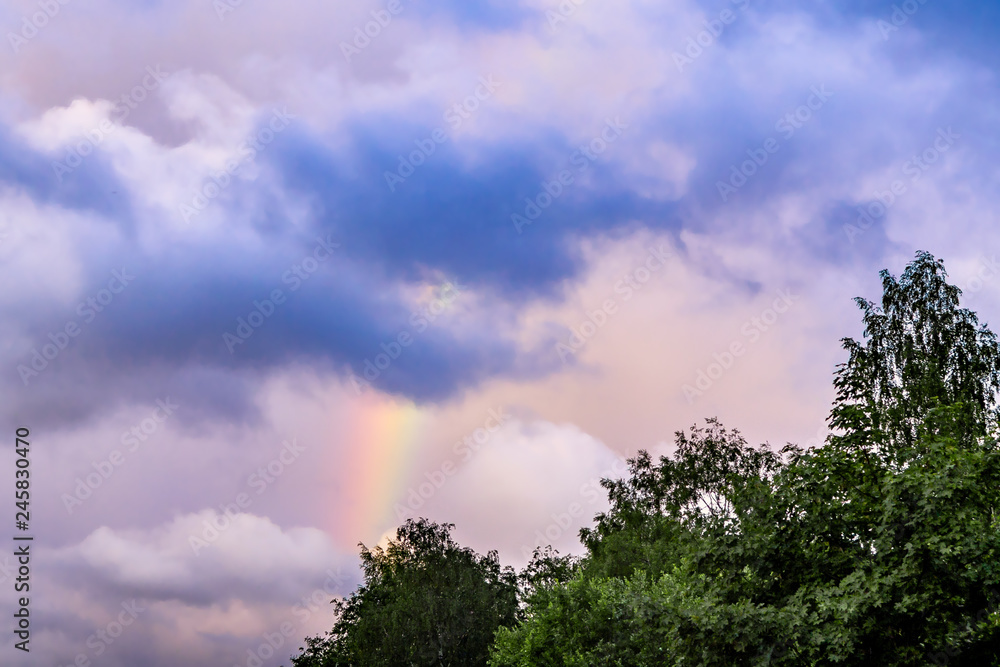Fototapeta premium Rainbow after rain in a cloudy sky among dramatic clouds