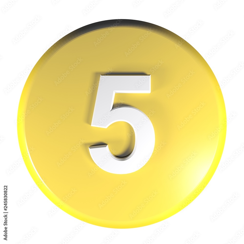Number 5 yellow circle push button - 3D rendering illustration Number 5 yellow circle push button - 3D rendering illustration