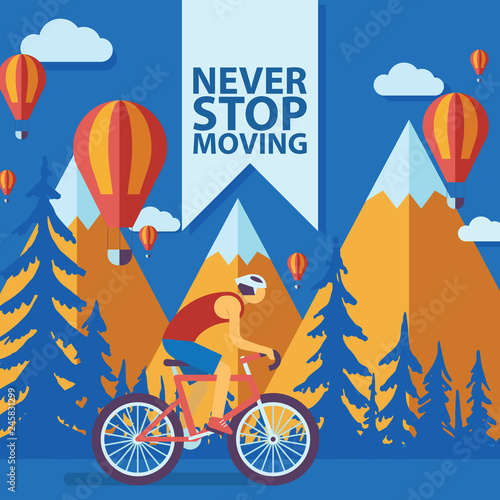 Triathlon track vector illustration. Never stop moving concept banner, poster, brochure, flyer. Cartoon male cyclist riding a bike in mountains Road cycling, cycling tour.