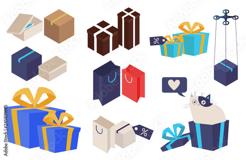 Modern flat set in isometric design concept of gift box, box, dron for website. White background. Vector illustration.