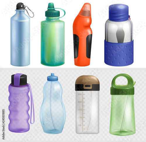 Sport bottle vector sportive water bottled drink thermo and fitness plastic energy beverage with straw illustration sporting set of bottling flask isolated on white background