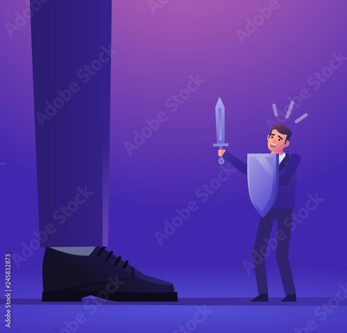 Small businessman with sword facing giant opponent. Business rivalry, competition, obstacles. Colorful design vector illustration