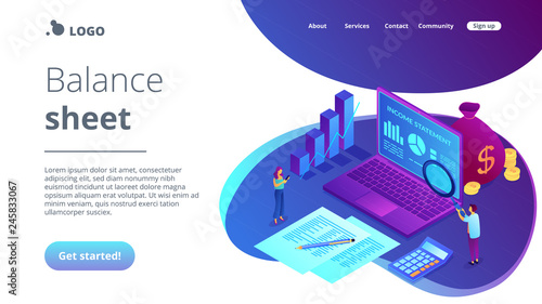 Financial analysts with magnifier and laptop counting income statement. Income statement  company financial statement  balance sheet concept. Isometric 3D website app landing web page template