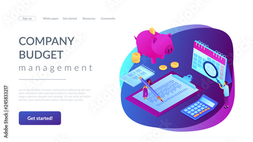 Business people doing financial calculations, calendar and piggy bank. Budget planning, balanced budget, company budget management concept. Isometric 3D website app landing web page template