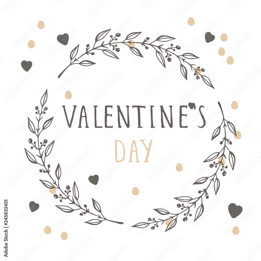 Vector hand drawn illustration of text VALENTINE'S DAY and floral round frame on white background. Colorful.