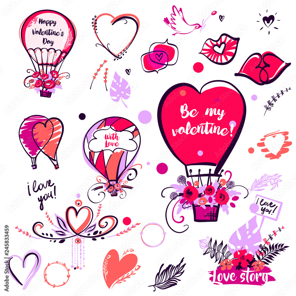 Freehand drawn image balloon, kiss and heart for wedding, love story party. Bird with flower. Text Be my valentine. Happy valentine day 14 february. Vector illustration