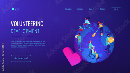Volunteers at work on globe cleaning, helping the elderly, planting and donating. Volunteering, volunteer services, altruistic job activity concept. Isometric 3D website app landing web page template