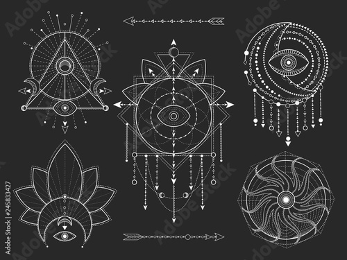 Vector set of Sacred geometric and natural symbols on black background. Abstract mystic signs collection. White linear shapes. For you design or modern magic craft.