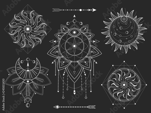 Vector set of Sacred geometric and natural symbols on black background. Abstract mystic signs collection. White linear shapes. For you design or modern magic craft.