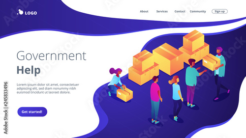 Volunteers giving humanitarian aid boxes delivered with parachute to refuges. Humanitarian aid, material assistance, governmental help concept. Isometric 3D website app landing web page template