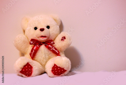 Cute valentine bear doll with bow isolated on white background with shadow reflection. Playful bright bear sitting on white underlay. Teddy bear plush stuffed puppet with ribbon on white backdrop