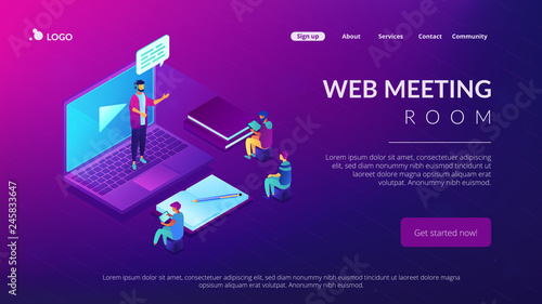 Business people watching online professional presentation on laptop. Online presentation, professional conference, web meeting room concept. Isometric 3D website app landing web page template