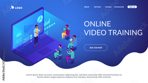 Students e-learning by webinar training and listening to businessman with charts on laptop. Webinar, online video training, tutorial podcast concept. Isometric 3D website app landing web page template