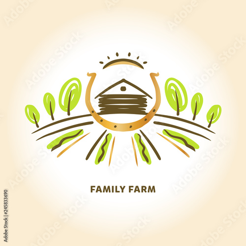 Agro family local farm. Ecology natural product organic food business. Silhouette house, tree and meadow. Sketch vector illustration on white background