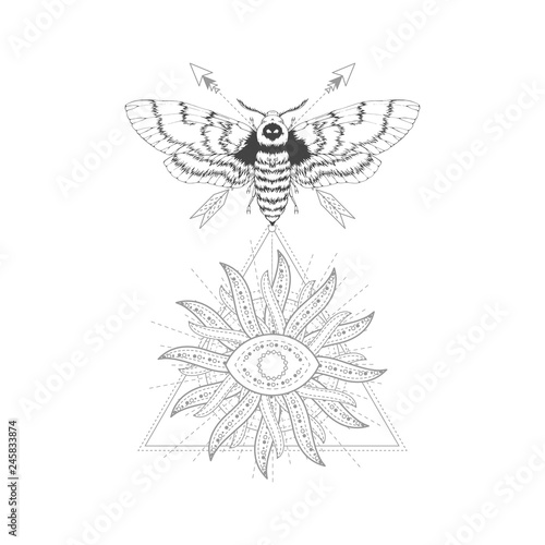 Vector illustration with hand drawn dead head moth and Sacred symbol on white background. Abstract mystic sign. Black linear shape. For you design, tattoo or magic craft.