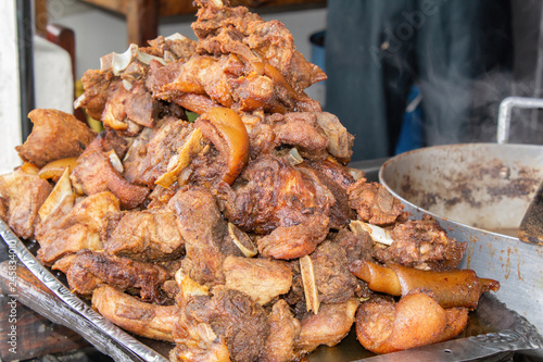 Fried pork, fried on the street in a vat is the national dish of Indians in South America -