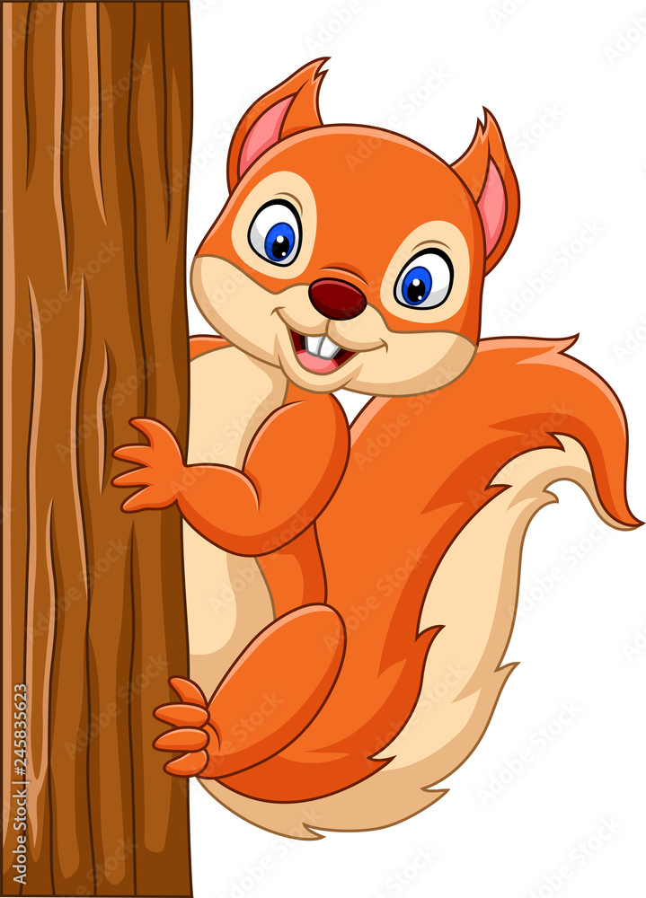 Cartoon cute squirrel climbing on a tree Stock Vector