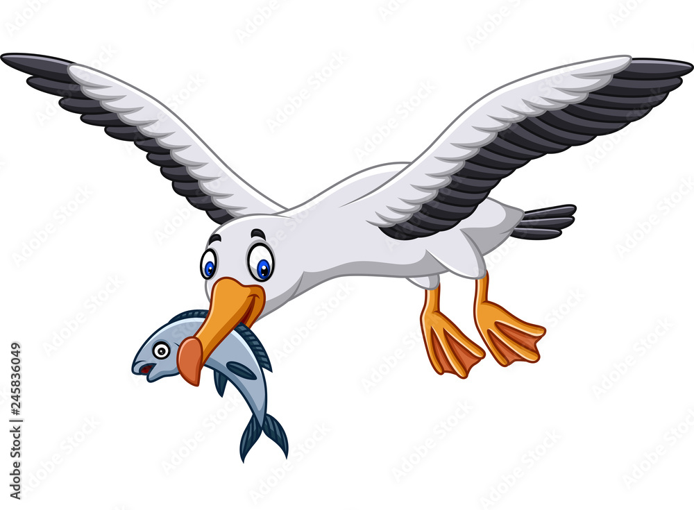 Naklejka premium Kreskówka albatros jedzący rybę
