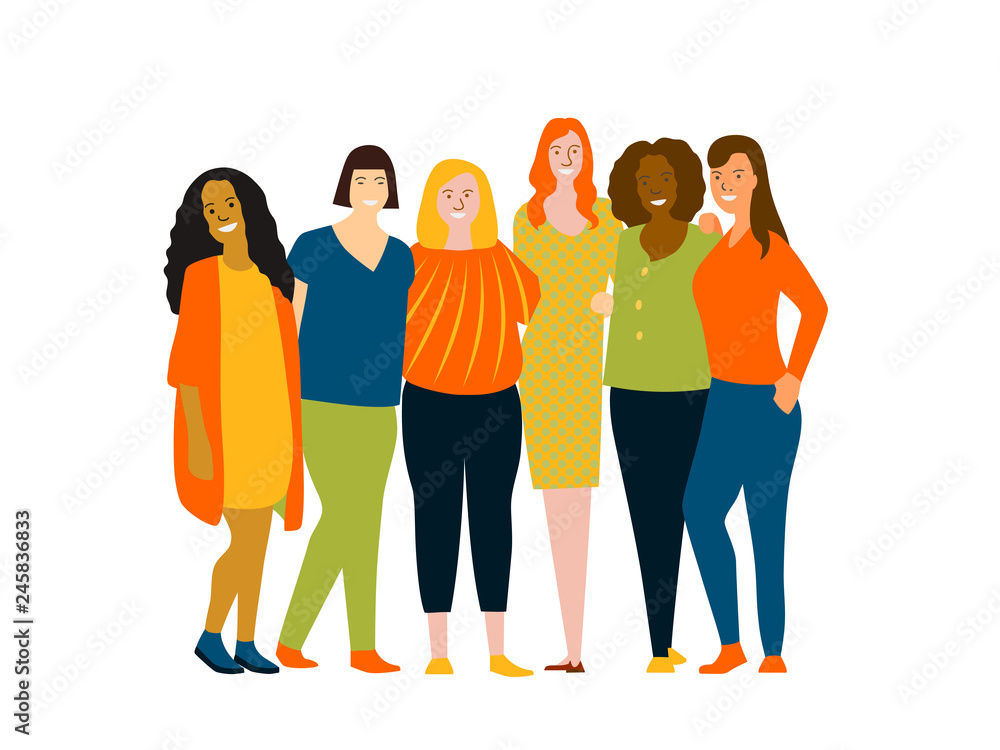 Obraz premium Caucasian, African, Asian, Indian women team. Group of happy and cheerful people, different ethnicity. Diversity concept.