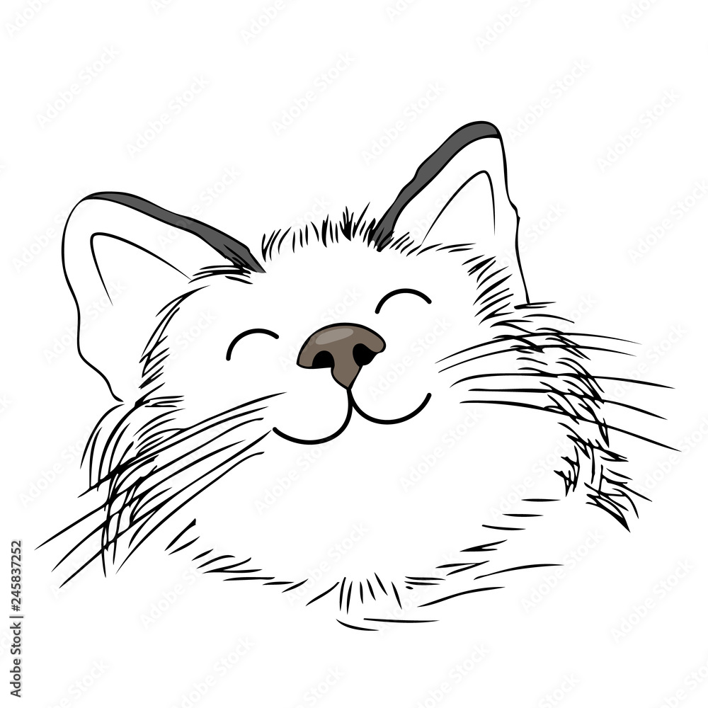 Cute cartoon cat smiling. Hand draw style. Cartoon character design.  Illustration isolated on white background. Stock Vector | Adobe Stock