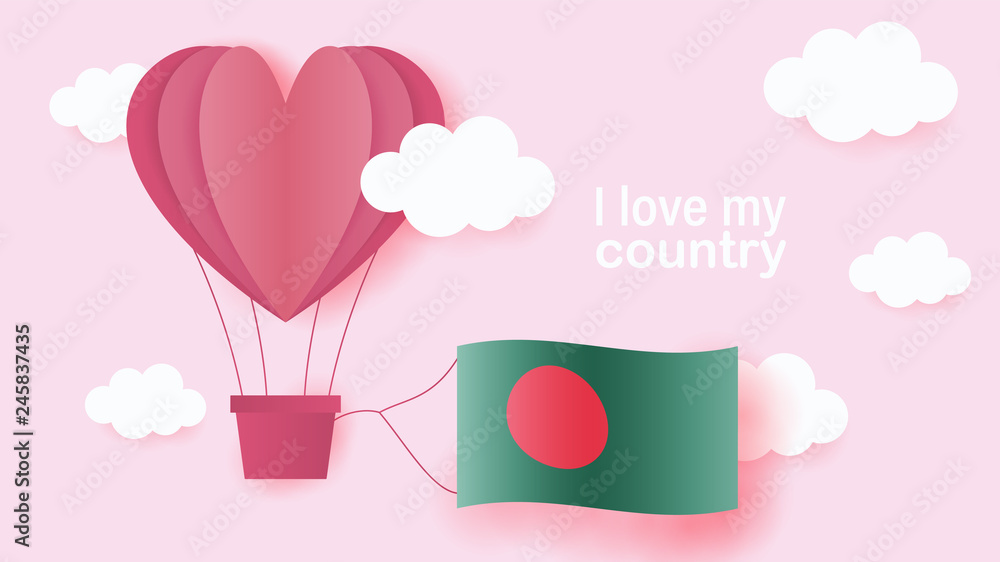 Hot air balloons in shape of heart flying in clouds with national flag of Bangladesh. Paper art and cut, origami style with love to Bangladesh