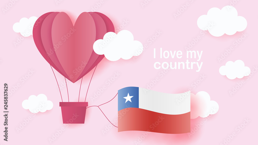 Hot air balloons in shape of heart flying in clouds with national flag of Chile. Paper art and cut, origami style with love to Chile Hot air balloons in shape of heart flying in clouds with national flag of Chile. Paper art and cut, origami style with love to Chile