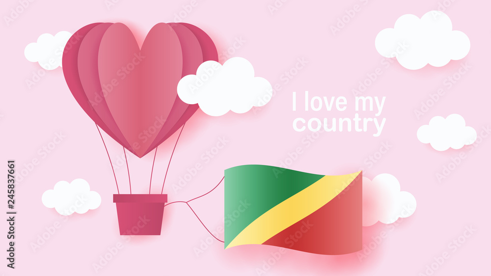 Hot air balloons in shape of heart flying in clouds with national flag of Congo. Paper art and cut, origami style with love to Congo