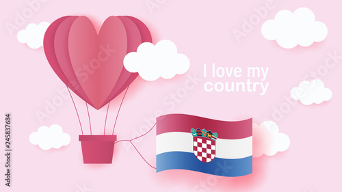 Hot air balloons in shape of heart flying in clouds with national flag of Croatia. Paper art and cut, origami style with love to Croatia