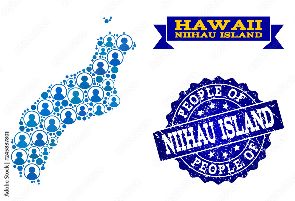 People collage of blue population map of Niihau Island and unclean seal