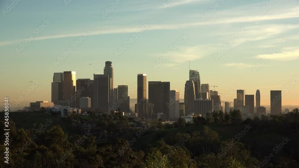 Downtown Los Angeles Skyline with a Helicopter Flying Overhead Downtown Los Angeles Skyline with a Helicopter Flying Overhead